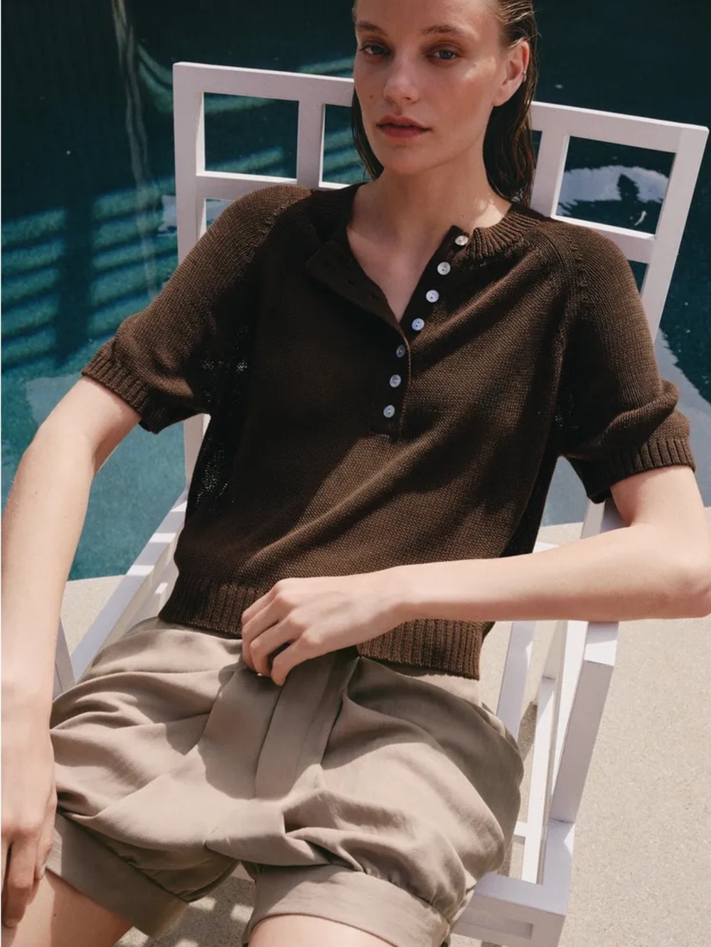 Zara Brown Short-Sleeve Button Knit Jumper Top β Size Large - Picture 3 of 9